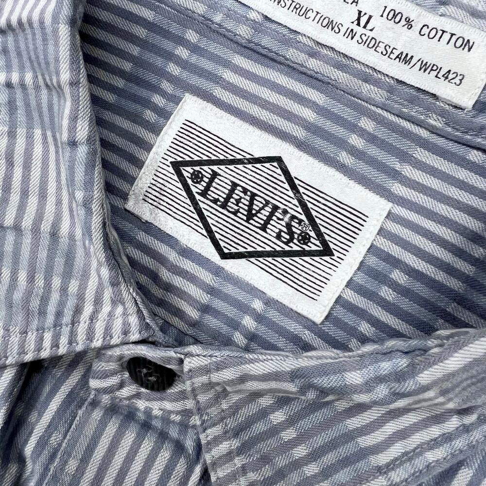 Vintage 90s Levi's Geometric Stripe Checker Button Up Shirt XL Blue Abstract - Picture 2 of 9